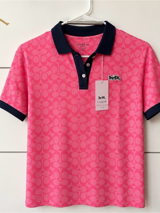 Coach Tops - Coach women Pink Polo with Navy Trim and Signature Print